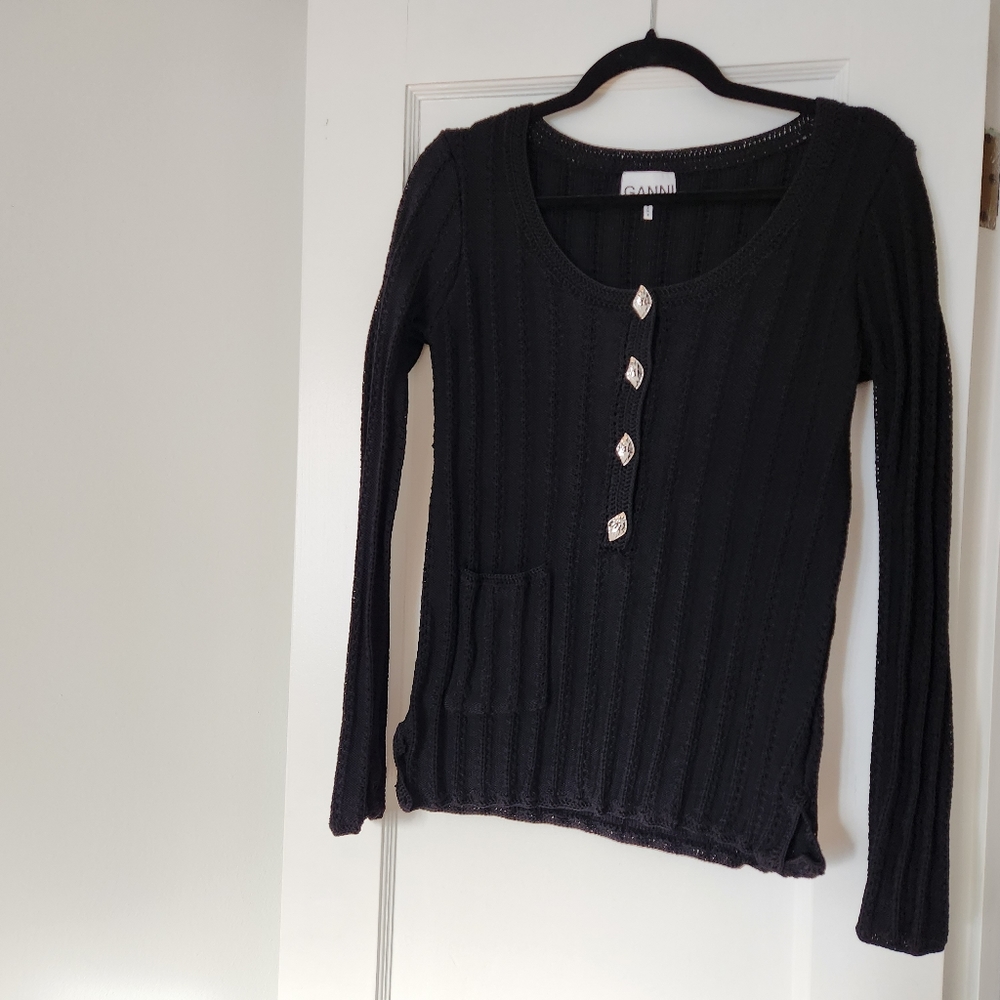 Ganni Black Ribbed Knit Sweater with Decorative Buttons